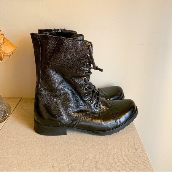 Bakers Shoes - Cool Shiny Black Leather Military Combat Boots Sz8